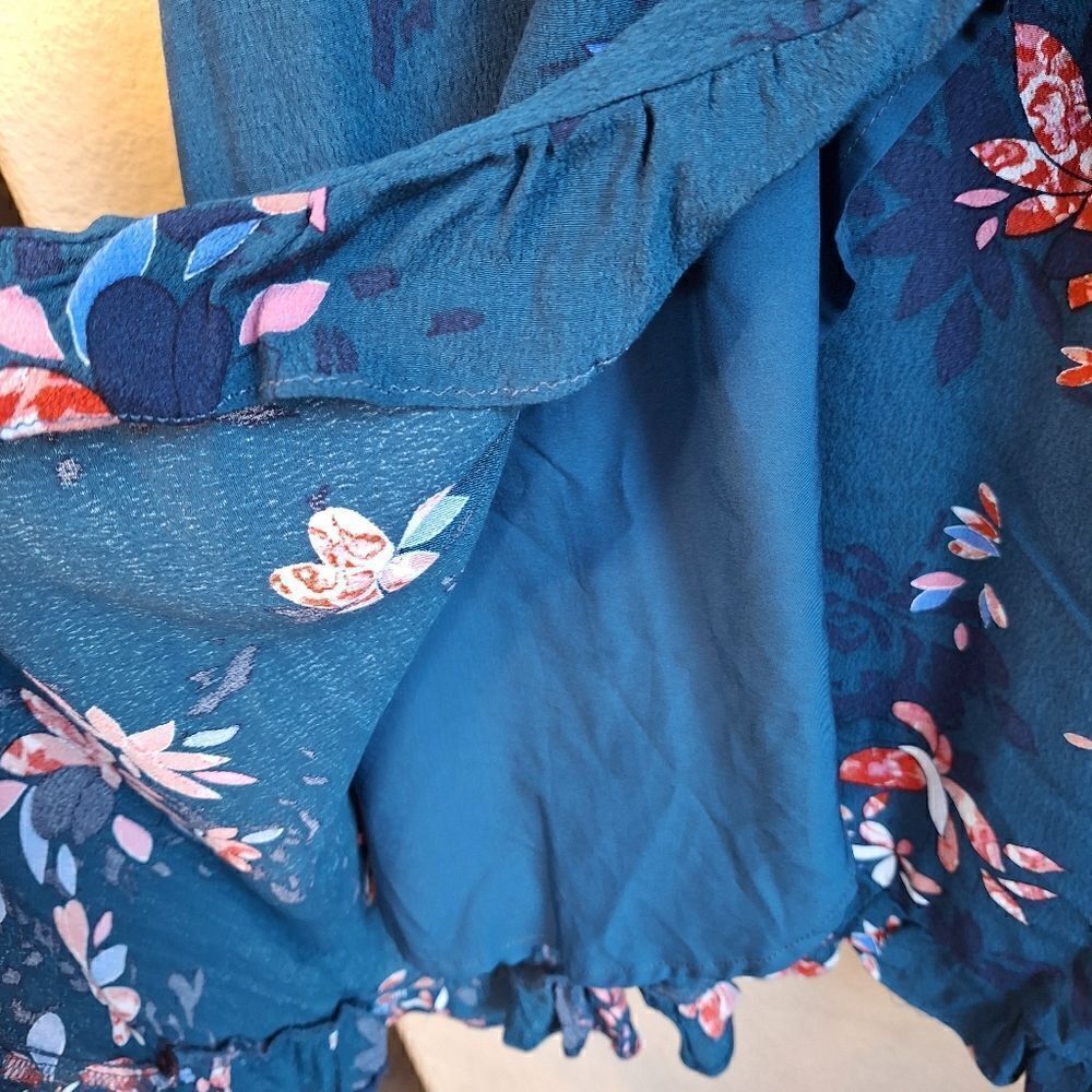 Lulus Dalton Teal Blue Floral Print Ruffled Wrap Dress small - Picture 7 of 8